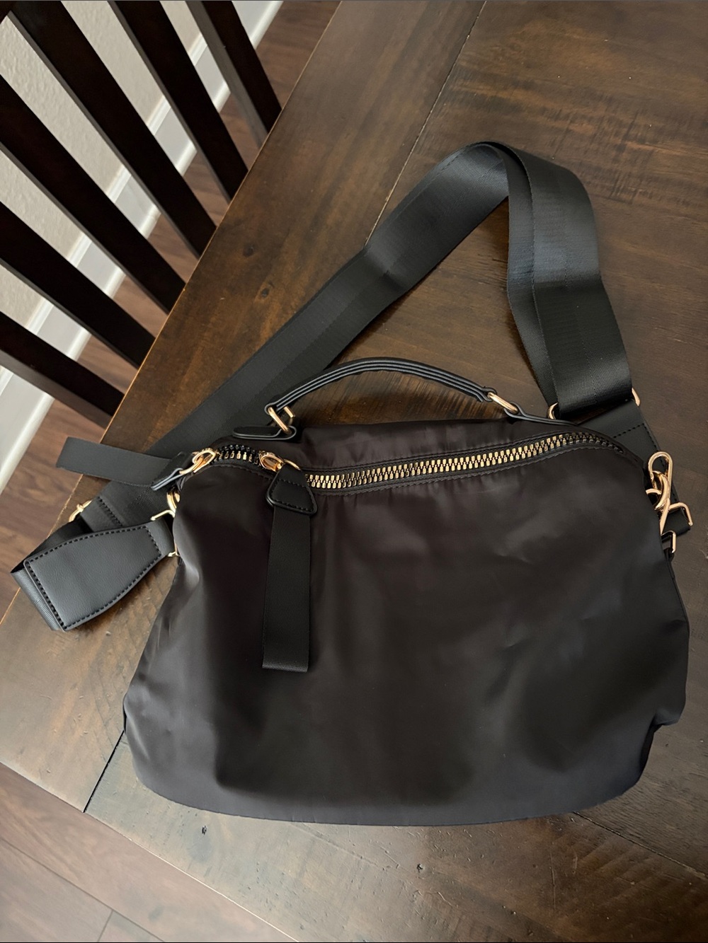 Black Nylon Crossbody Bag with Gold Hardware
